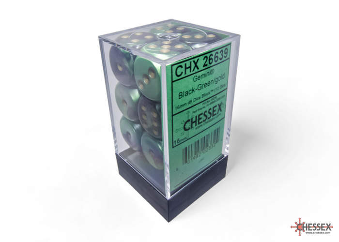 Gemini Black-Green/gold 16mm d6 Dice Block (12 dice) - CHX26639